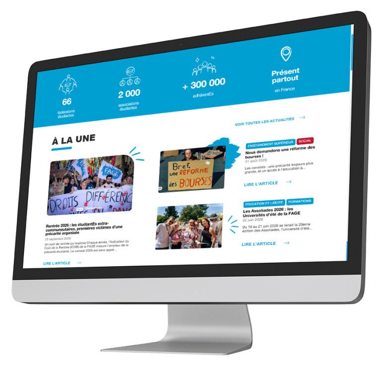Nouveau site responsive de La FAGE créé et réalisé par ETHICWEB. Vue de la home sur un ordinateur de bureau.