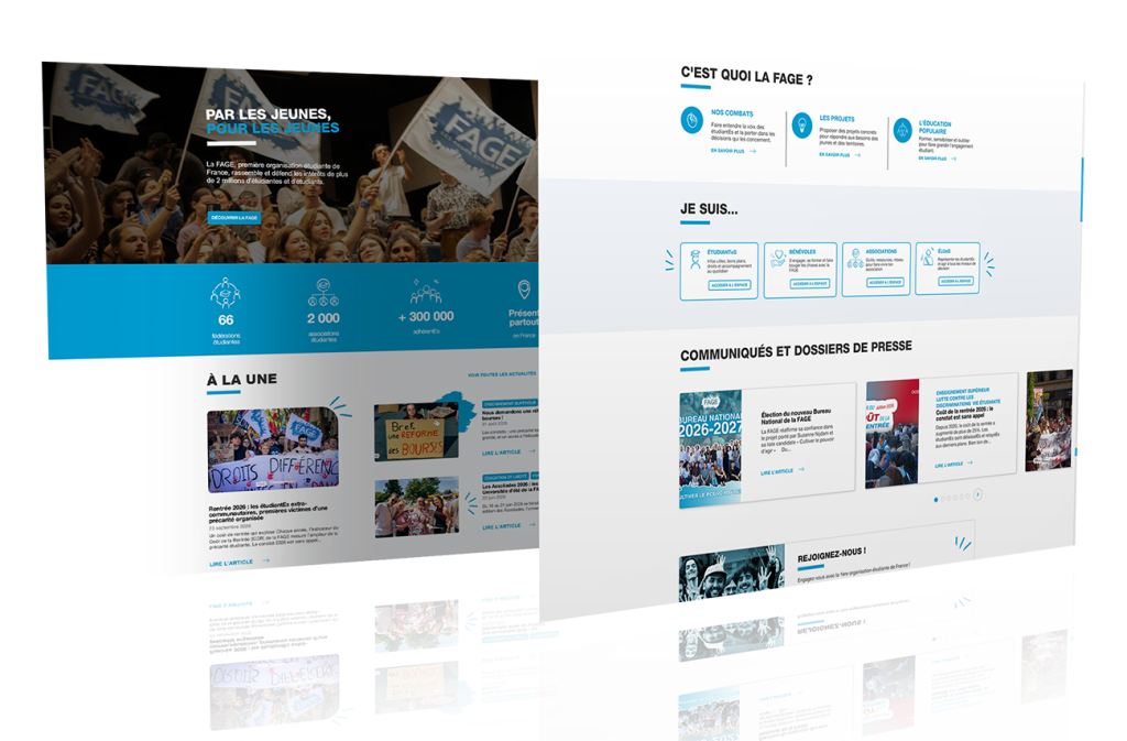 Nouveau site responsive de La FAGE créé et réalisé par ETHICWEB. Vue de deux écrans verticaux.