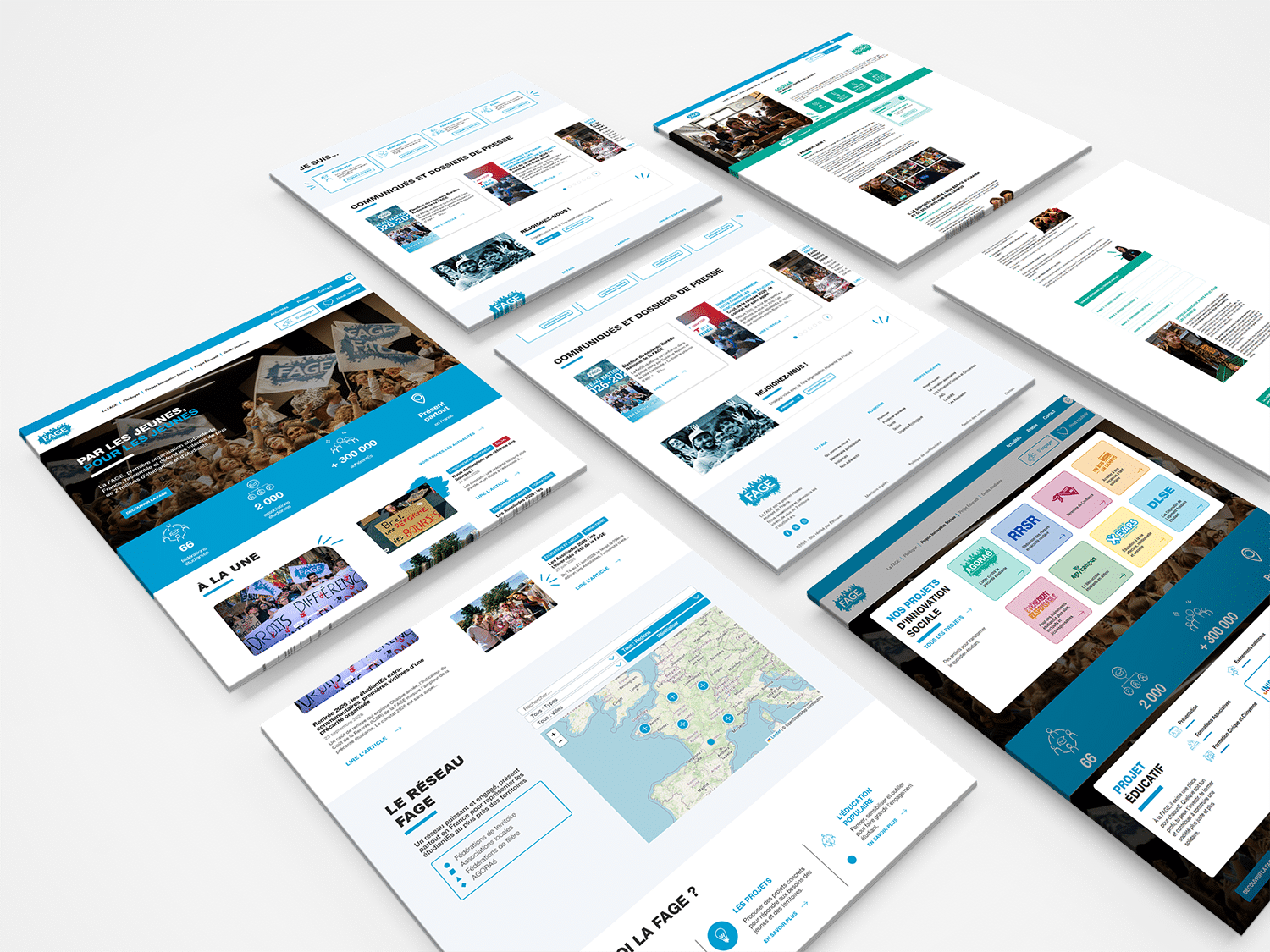 Nouveau site responsive de La FAGE créé et réalisé par ETHICWEB. Vue isométrique de plusieurs pages du site.
