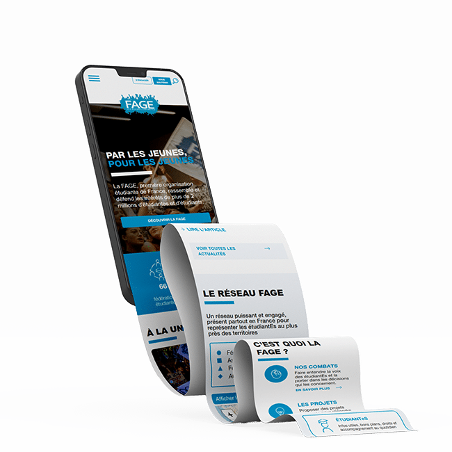 Nouveau site responsive de La FAGE créé et réalisé par ETHICWEB. Vue de la page entière scrollée ondulante sur téléphone mobile.