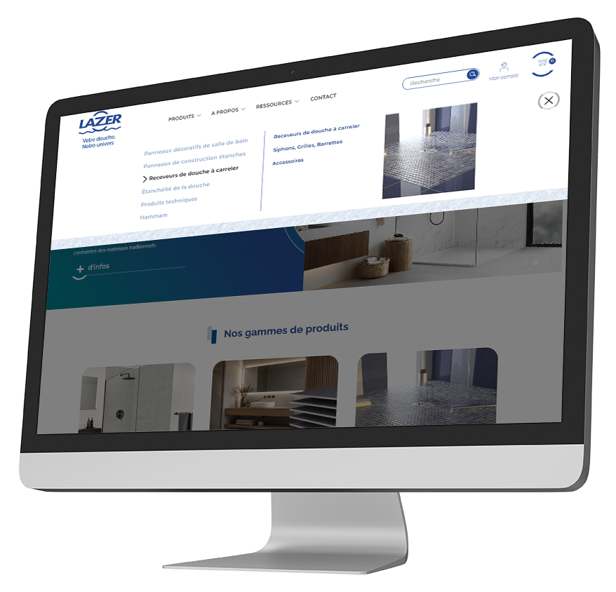 Nouveau site de Lazer créé par ETHICWEB : vue du mega menu sur la page d'accueil sur écran de bureau