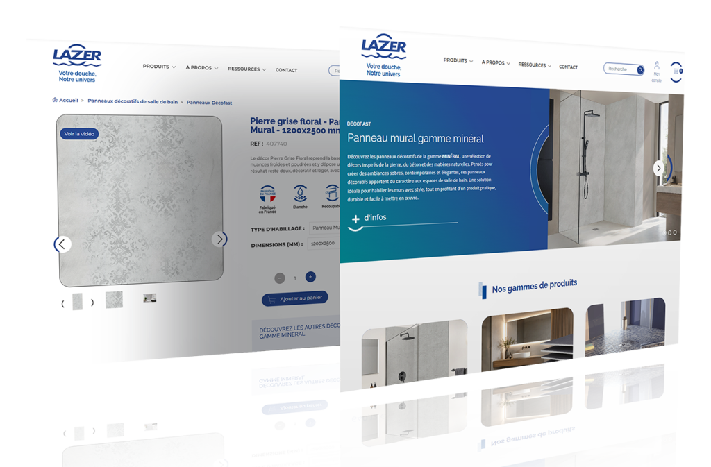 Nouveau site de Lazer créé par ETHICWEB : vue deux écrans bureau verticaux flottants affichant page d'accueil et page produit