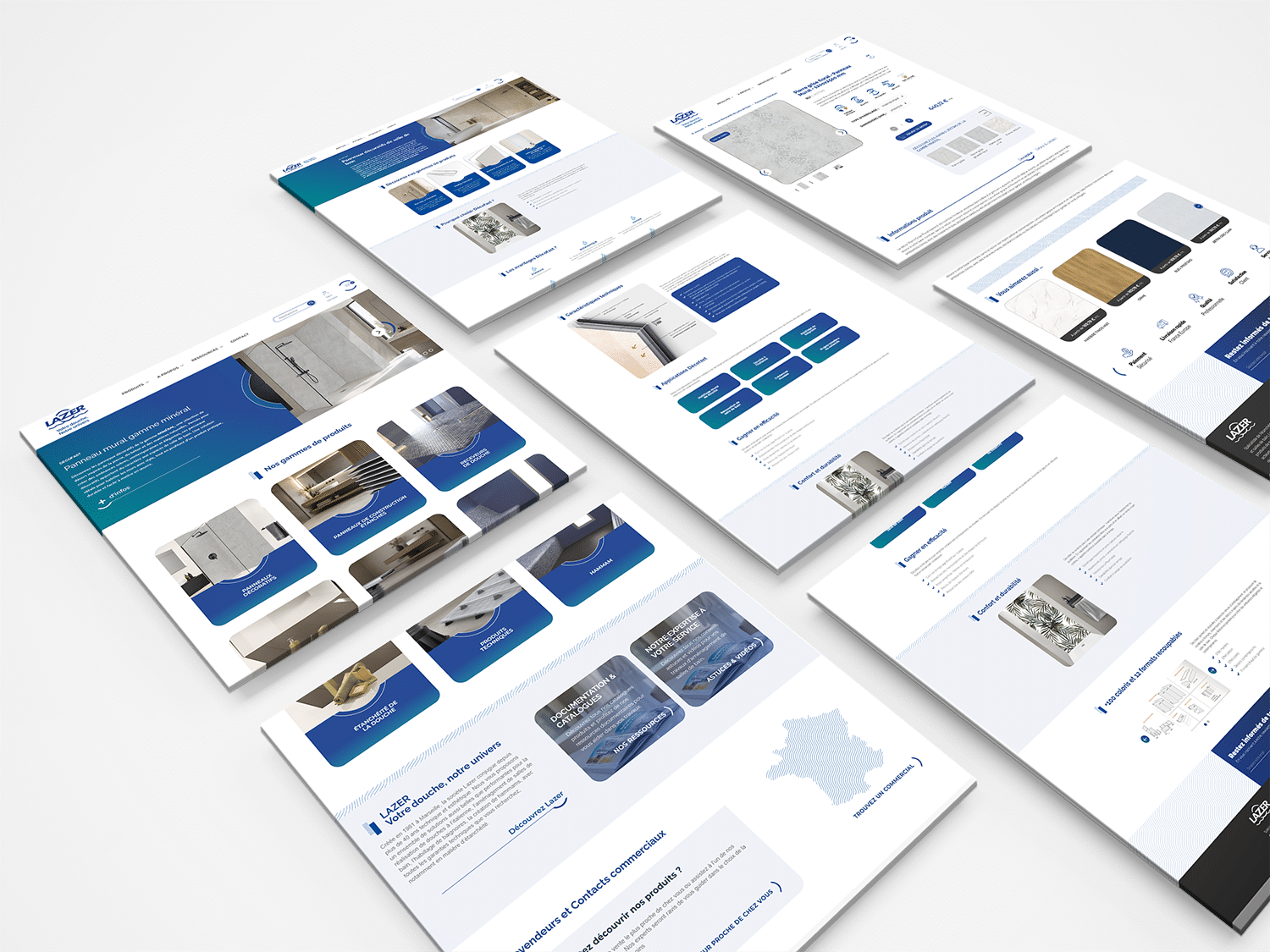Nouveau site de Lazer créé par ETHICWEB : vue isométrique de 7 écrans fractionnés qui rassemble la page d'accueil et page produit